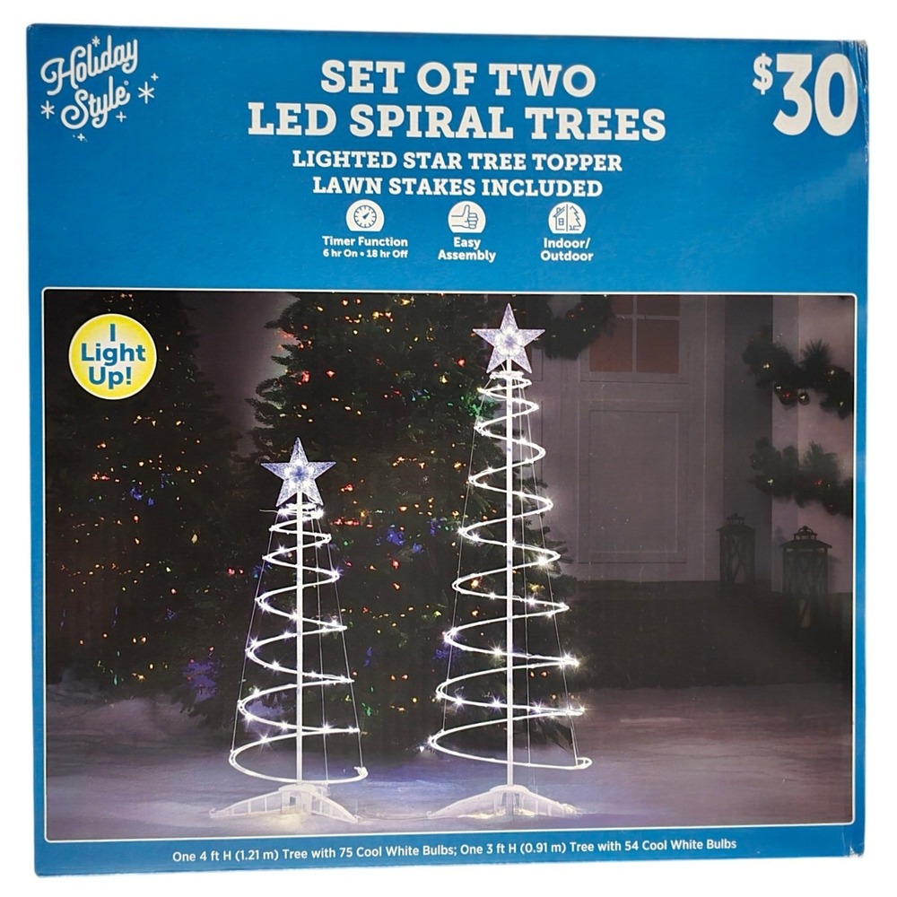 Holiday Style Set of 2 LED Spiral Trees 3ft & 4ft Cool White Indoor Outdoor New